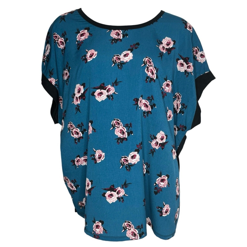 Lane Bryant Womens 26/28 Teal Floral Mixed Media Dolman Short Sleeve Tunic Top‎ - Picture 15 of 16